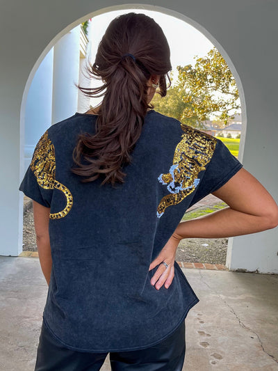 This navy sequin tiger top is perfect for game day. 