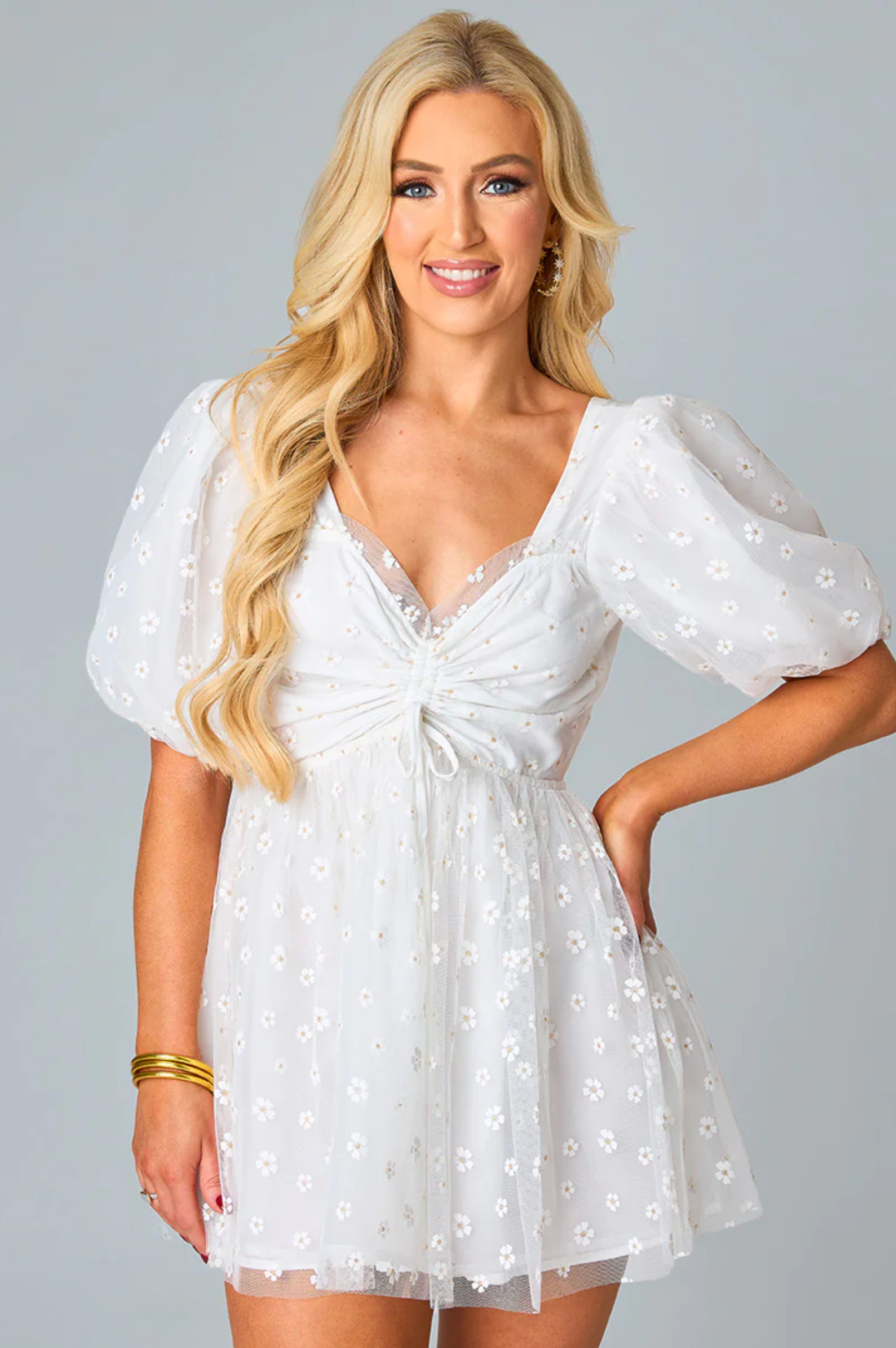 Daisy Dress - White Puff Sleeve Cutout Dress