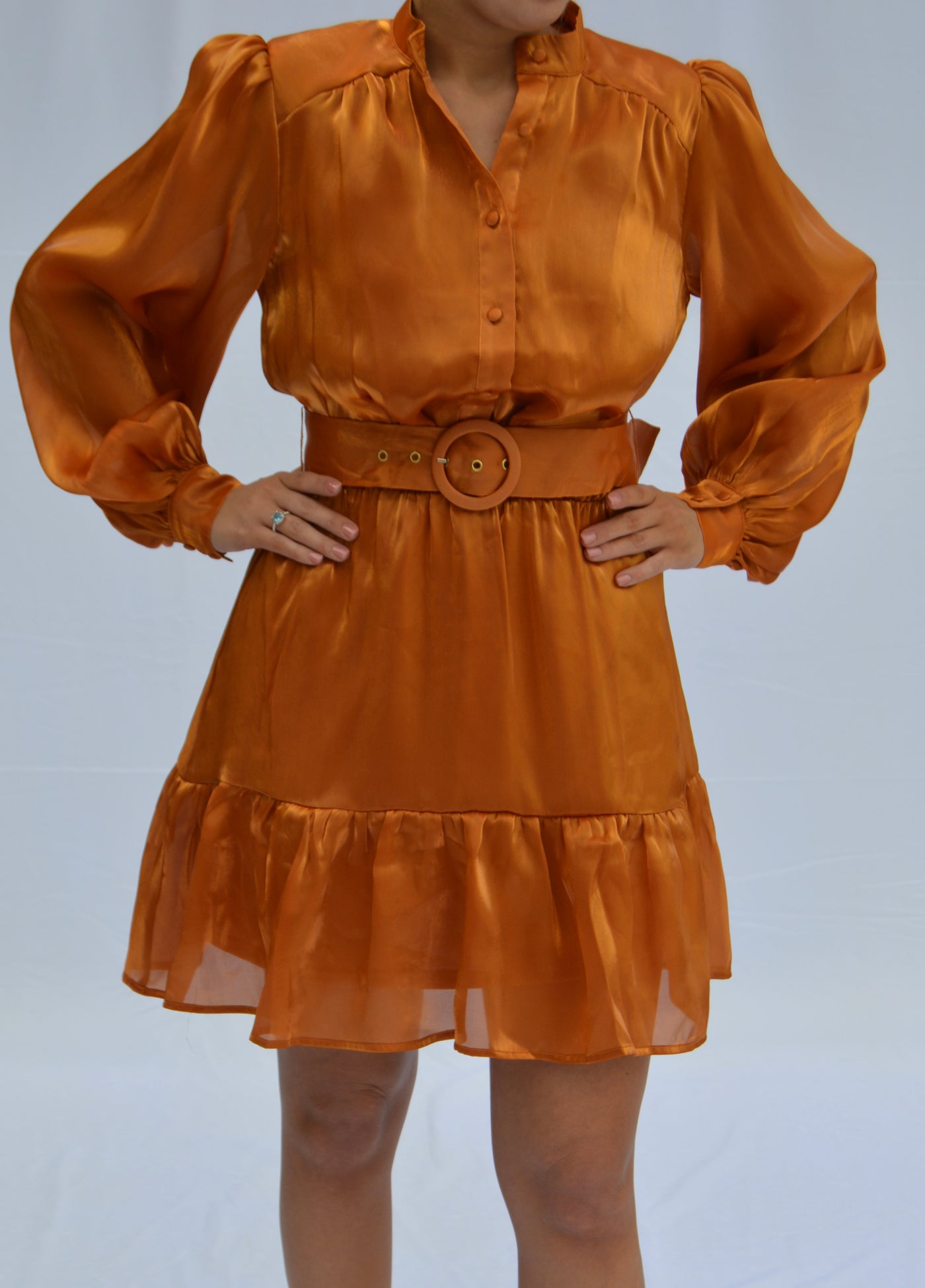 The Be Thankful Mini Dress from Shop Silvs is a burnt orange ruffle dress featuring a button-down front, belt detailing, and a ruffled hem!