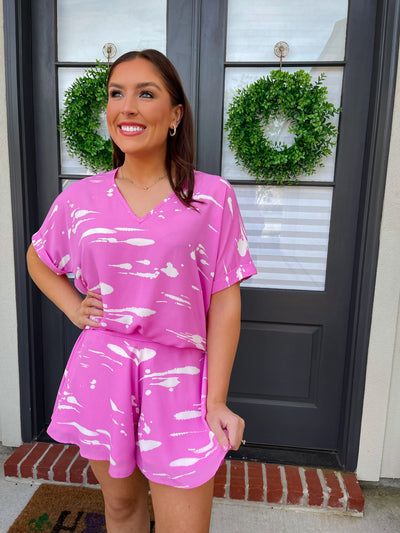 Pair this pink and white loungewear top with our pink and white loungewear shorts for a complete cozy outfit.