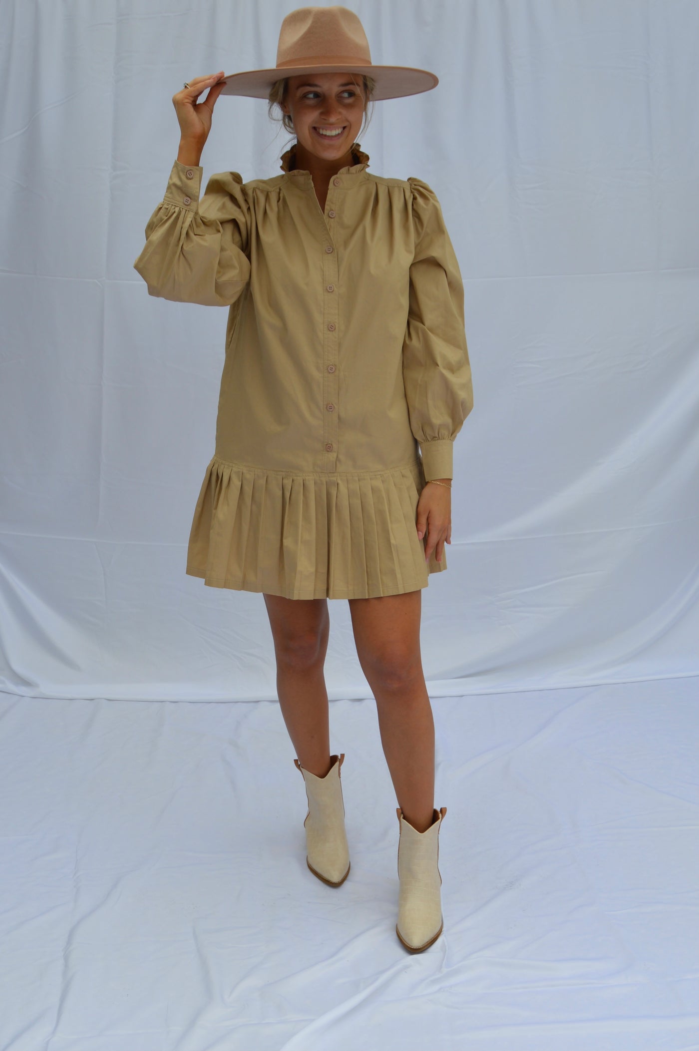 Pleated Shirt Dress - Taupe